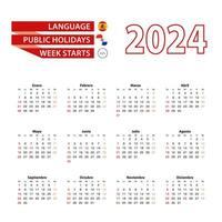 Calendar 2024 in Spanish language with public holidays the country of Paraguay in year 2024. vector