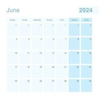 2024 June wall planner in blue pastel color, week starts on Monday. vector