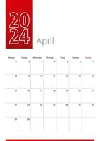 abril 2024 calendario diseño. semana empieza en lunes. vertical calendario modelo. vector
