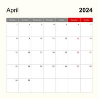 Wall calendar template for April 2024. Holiday and event planner, week starts on Monday. vector