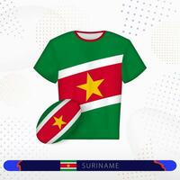 Suriname rugby jersey with rugby ball of Suriname on abstract sport background. vector