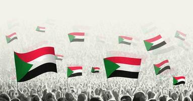 resumen multitud con bandera de Sudán. pueblos protesta, revolución, Huelga y demostración con bandera de Sudán. vector