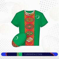 Turkmenistan rugby jersey with rugby ball of Turkmenistan on abstract sport background. vector