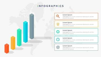 Icon business infographic with 5 steps and isometric bar chart elements. vector