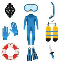 Collection of scuba diving. Diver wetsuit, scuba mask, snorkel, fins, oxygen cylinders, lifebuoy, flippers icons. Underwater activity diving equipment and accessories. Vector illustration