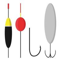 Set bobbers and hooks isolated on white background. Fishing accessories in flat style. Vector illustration