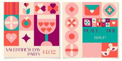 Happy Valentine's day geometric abstract party invitation. Mosaic cards print with hearts, birds, plants and simple forms in a trendy style vector