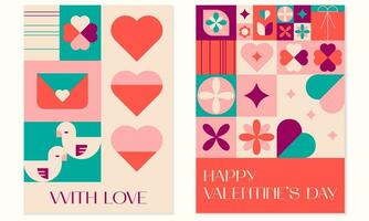 Happy Valentines day geometric abstract greeting card, poster set and social media. Mosaic background with hearts, birds, plants and simple forms in a trendy style vector