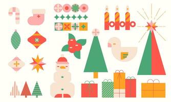 Navidad moderno diseño elementos, fiesta regalos, invierno elementos, velas, muñeco de nieve, árbol, calcetín y Navidad decoraciones vistoso vector ilustración en plano geométrico dibujos animados estilo