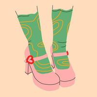 Icon of bright strapped high heel shoes with heart shape clasp and funny socks.Print for cards,shoe store vector