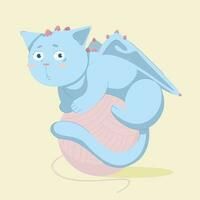 Cute cartoon sticker cat dragon with ball.Hand drawn vector illustration.Funny fantasy character print