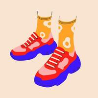 Red sneakers with blue soles and funny high socks egg print. Stylish underwear. Fashion accessories. Print for shoe store poster, etc. Vector. vector