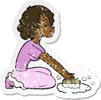 retro distressed sticker of a cartoon woman scrubbing floor png