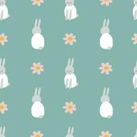 Seamless Easter pattern. Cute white rabbit and flowers on pastel green background vector