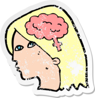 retro distressed sticker of a cartoon female head with brain symbol png