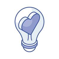 Heart inside light bulb showing concept icon of romantic idea, valentine day bulb vector design