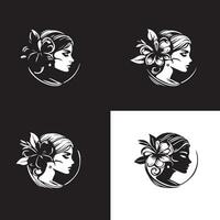 elegante silueta colección de De las mujeres perfiles con decorativo floral elementos en monocromo vector