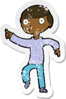 retro distressed sticker of a cartoon boy pointing png