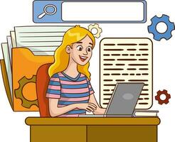 Woman working at the computer with a folder in the background, vector illustration