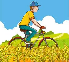 hombre montando un bicicleta en naturaleza. vector ilustración en dibujos animados estilo.