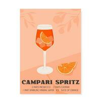 Campari Spritz Cocktail in glass with ice and slice of orange. Summer Italian aperitif retro poster. Wall art with alcoholic beverage decorated with orange wedges and citrus tree on background. Vector