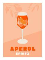 Campari rociar cóctel en vaso con hielo y rebanada de naranja. verano italiano aperitivo retro póster. pared Arte con alcohólico bebida decorado con naranja porciones y agrios árbol en antecedentes. vector