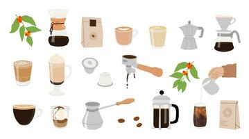 Collection of coffee equipment for manual brew methods isolated vector cliparts. Hand drawn illustrations for coffee shop. Different type of coffee cups, pour over, french press, aeropress, siphon.