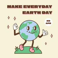 Vintage motivation poster or card design template with Earth planet character mascot. Global warming is global warning caption. Environmental eco green life print concept. Vector flat illustration.