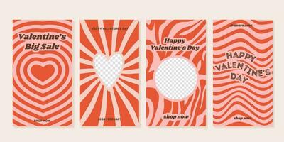 Happy Valentines day greeting card with inspirational slogan. Set of funky groovy hippie love posters. Abstract background in trendy retro 60s 70s cartoon style. Vector illustration.