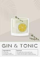 Gin Tonic Cocktail garnished with slice of lime and rosemary twigs. Summer aperitif trendy poster. Minimalist print with alcoholic beverage on background with palm shadow. Vector flat illustration.