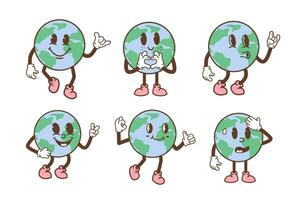 Set of earth characters in trendy retro cartoon style. Funny comic globe with different face expression. Vintage planet mascot with arms and legs. Vector illustration isolated on white background.