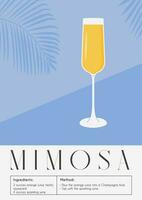 Mimosa Cocktail in champagne glass. Summer aperitif recipe with orange juice and prosecco. Mixology minimalist simple vertical print. Alcoholic beverage on background. Vector flat style illustration.