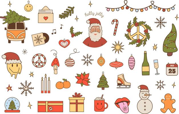 Merry Christmas and happy New Year vector collection in 60s 70s retro style. Groovy winter holiday elements. Sticker pack with positive hippie xmas icons. Vector illustration isolated on white.