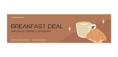 Web banner template with cappuccino cup and baked croissant. Cafe scene with milk coffee on the table. Horizontal poster for french breakfast promo with freshly brewed drink. Vector flat illustration.