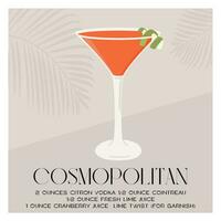 Cosmopolitan Cocktail in martini glass garnished with lime wheel. Summer aperitif recipe retro minimalist print. Alcoholic beverage with tropical palm shadow on background. Vector flat illustration.