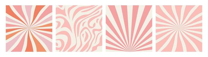 Groovy funky square backgrounds in pink color. Valentine day. Set of simple abstract groovy patterns in retro 60s 70s psychedelic style. Vector wallpaper collection for print templates or textile.