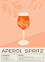 Campari Spritz Cocktail in glass with ice and slice of orange. Summer Italian aperitif retro poster. Wall art with alcoholic beverage decorated with orange wedges and citrus tree on background. Vector