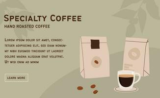 Specialty Coffee web banner with espresso, coffee beans and eco trendy package. Horizontal poster with freshly brew coffee cup on table. Coffee shop template design. Vector flat style illustration.