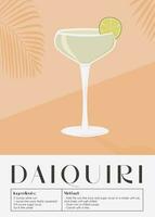 daiquiri cóctel en martini vaso adornado con Lima rebanada. retro impresión de verano aperitivo receta. pared Arte póster con alcohólico bebida y tropical palma árbol sombra en antecedentes. vector. vector