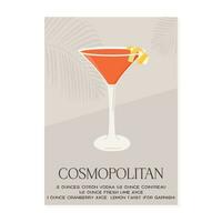 Cosmopolitan Cocktail in martini glass garnished with lime wheel. Summer aperitif recipe retro minimalist print. Alcoholic beverage with tropical palm shadow on background. Vector flat illustration.