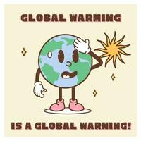 Vintage motivation poster or card design template with Earth planet character mascot. Global warming is global warning caption. Environmental eco green life print concept. Vector flat illustration.