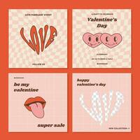 conjunto de san valentin saludo tarjetas en retro 60s 70s Años 80 maravilloso estilo. rebaja cuadrado bandera para social medios de comunicación correo. amor creativo minimalista impresión. web antecedentes. póster modelo vector plano ilustración.