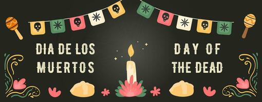 Dia de los muertos. Horizontal banner with ofrenda traditional altar with candle and pan de muertos. Paper flags papel picado garlands decoration and maracas. Mexican holiday Day of the dead. Vector. vector