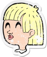 retro distressed sticker of a cartoon female face png