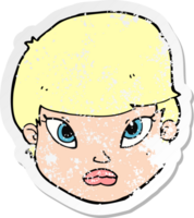 retro distressed sticker of a cartoon serious face png