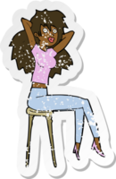 retro distressed sticker of a cartoon woman posing on stool png