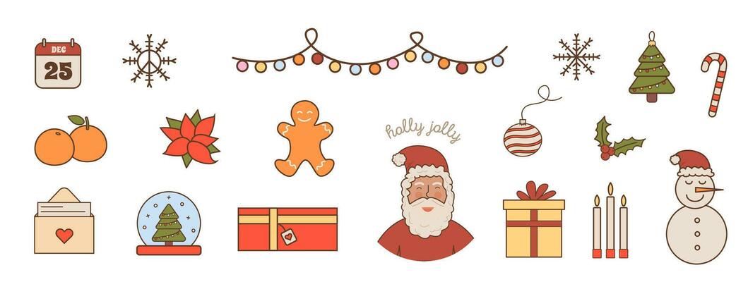 Merry Christmas and happy New Year vector collection in 60s 70s retro style. Groovy winter holiday elements. Sticker pack with positive hippie xmas icons. Vector illustration isolated on white.