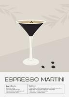 Espresso Martini Cocktail in glass garnished with coffee beans. Retro print with recipe of aperitif. Wall art poster with alcoholic beverage and tree branch shadows on background. Vector illustration.