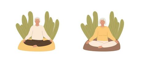 Senior female and male people sitting outdoor at park and practicing yoga or meditation. Modern elderly woman and man with crossed legs closed eyes meditating on nature. Isolated vector characters.