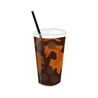 Black ice coffee in transparent glass with splashes of milk. Iced tea asian takeaway. Colored flat vector illustration in trendy minimalist style isolated on white background.